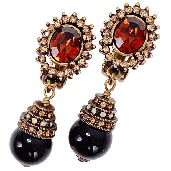 VTG Signed Heidi Daus Rhinestone Black Bead Faux Pearl Gold Clip Dangle Earrings - Picture 1 of 11